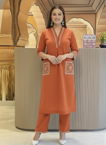 Image of SHEINZY Women's Embroidered Kurta Set with Pants | 3 /4 Sleeve V-Neck Kurti with Floral Thread Work | Ethnic Indian Wear for Casual & Festive Occasions | Comfortable Co-ord