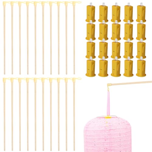WIYETY Palo de Linterna con LED: 20 Pcs Palo de Linterna de Madera con 20 Pcs Mecha Color Cálido, 26,5 × 0,6CM Palo Linterna para Niños, Luz de Linterna para Fiestas Infantiles, San Martín, Halloween