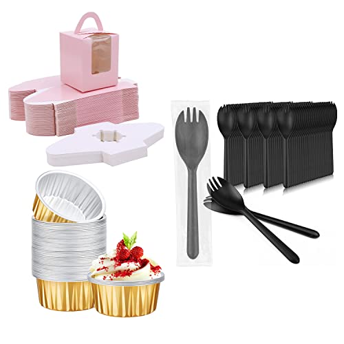 Eusoar Cupcake Carriers& Disposable Sporks& Baking Cups, 50Pcs Pink Individual Cupcake Holders, 100Pcs 5.5"X1.2" Disposable Sporks, 50Pcs 5Oz Aluminum Foil Ramekins, For Wedding Birthday Party #TOP12