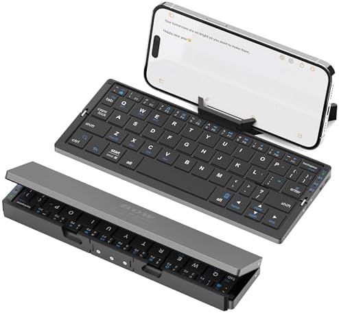 Tastiera Bluetooth Pieghevole QWERTY Silenziosa con Supporto Magnetico, Mini Tastiera Wireless Ricaricabile in Alluminio per iPad, Tablet, Smartphone, Laptop（Nero）