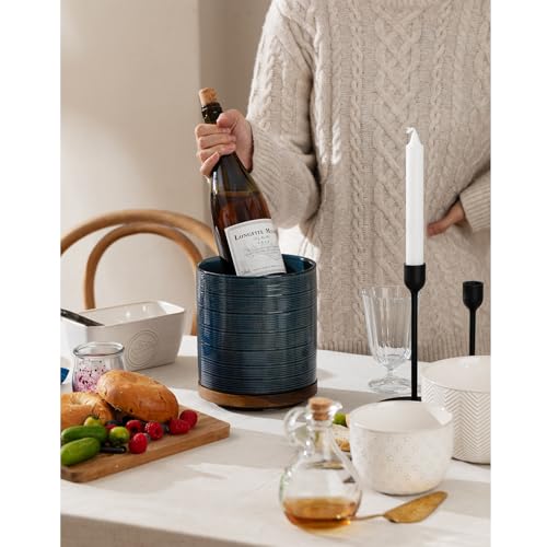 Image of Utensil Holder, 360 Rotating Extra Large Ceramic Kitchen Utensil Holder for Countertop, 7.3 inch Cooking Utensil Crocks for Kitchen Counter with Rotatable Wooden Base, Farmhouse Decor, Dusty Blue
