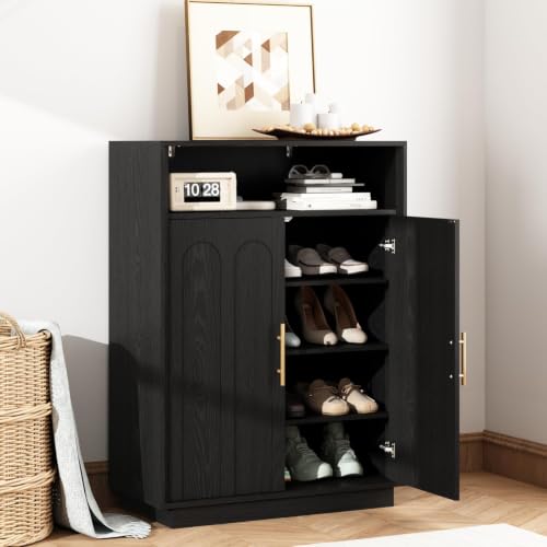 Image of Shoe Cabinet with Arched Doors, 43 inch Tall Large Hidden Shoe Storage Cabinet with Adjustable Shelves, 5-Tier Mid Century Modern Shoe Rack Organizer for Entryway Hallway Living Room,Black Set of 2