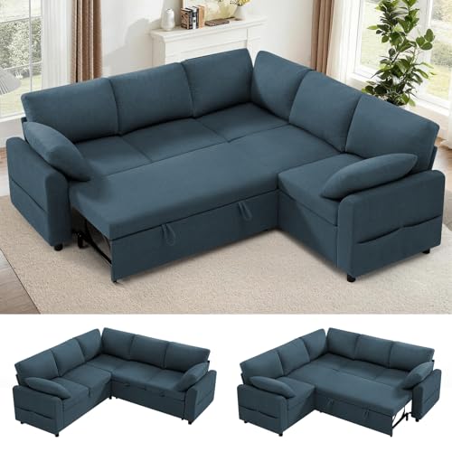 Image of 87 inch Fabric Sectional Sofa w /Pull Out Bed & Storage Space, Blue
