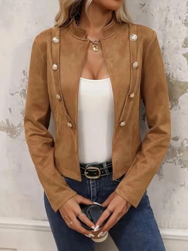 Womens Faux Suede Open Front Cropped Jacket Spring Button Long Sleeve Causal Business Blazers Jackets Outerwear2