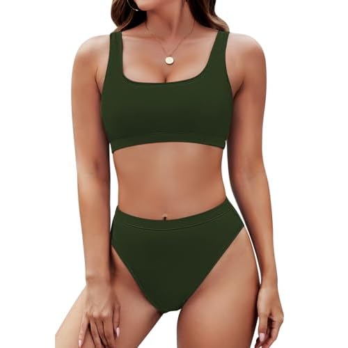 Pink Queen Women's Crop Top High Waisted Cheeky Bikini Set Two Piece Swimsuits X-Large 01 - Army Green