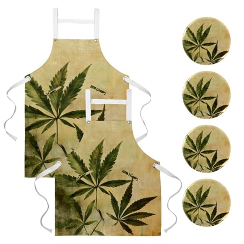 Lot de 2 tabliers de cuisine avec 4 broches et imprimé feuilles de chanvre colorées