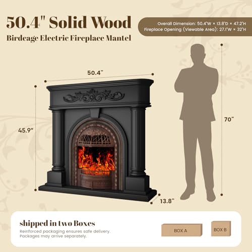 Image of 50 inch Solid Wood Electric Fireplace with Mantel, Black Roman Column TV Stand with Antique Bronze Finish Birdcage Heater Insert, Elegant Fireplace for Living Room, Bedroom & Entryway