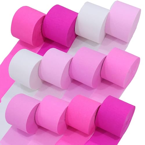 Image of 12 Pink Streamers, 984ft Pack of Crepe Paper Bachelorette Party Decorations | Each roll is 82 ft long and 1.8 Inch wide ideal for Birthday Party Decor, Baby showers and Bachelorette Parties
