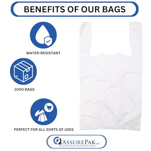 ASSUREPAK White Unprinted HDPE T-Shirt Bags for Retail, Groceries, Merchandise, Convenience Store, Supermarket, Restaurant - 1/8 BBL 10\"X5\"X18\" - 1000 Bags - 13 microns - White - Thumbnail 7