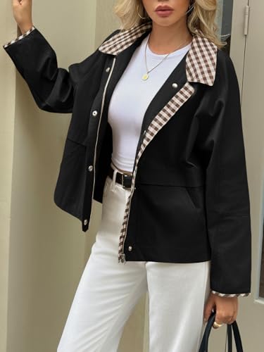 Tankaneo Womens Cropped Jacket Lightweight Casual Zip Up Barn Jackets Fall Contrast Plaid Outerwear Coat3