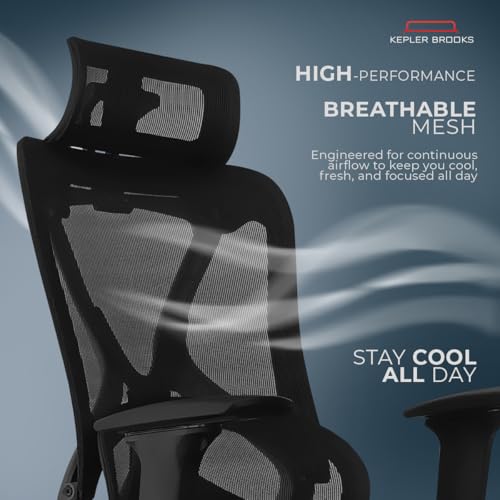 Image of Kepler Brooks Vogue Pro Premium Office Chair for Work | 3-Yr Warranty | Ergonomic Office Chair, Study Chair, 2D Headrest, 3D Arms, Multi Lock Seat Slider with Legrest, Heavy Duty Metal Base (Black)