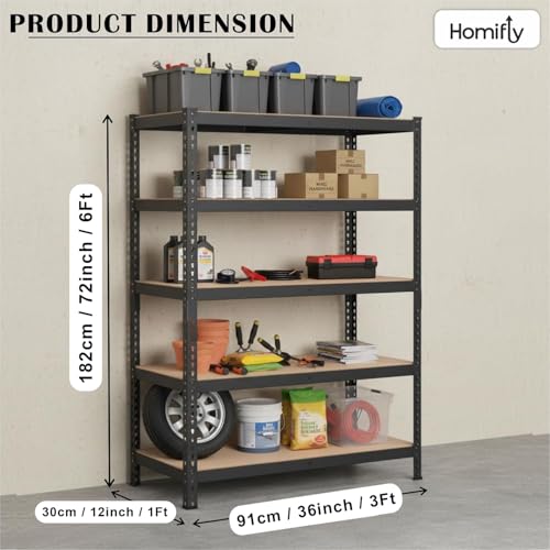 Image of HOMIFLY 5-Tier Extra Large Metal Shelf Rack /72x36x12 InchAdjustable Boltless Shelving Unit /Heavy Duty Display Rack Organizer for Garage /Kitchen /Warehouse /Tool-Free Assembly and Rust-Resistant
