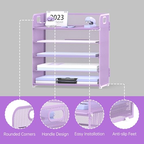 SUPTIDY 5 Trays Paper Organiser Letter Tray with Handle-Mesh Desk File Organiser - Image 3