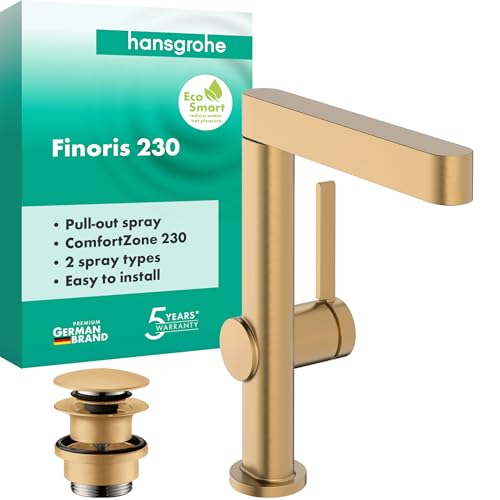 hansgrohe Finoris - bateria umywalkowa z zestawem odpływowym push-open, z wyciąganą wylewką, kran łazienkowy z wylewką 221 mm, oszczędność wody (EcoSmart), brąz szczotkowany, 76063140