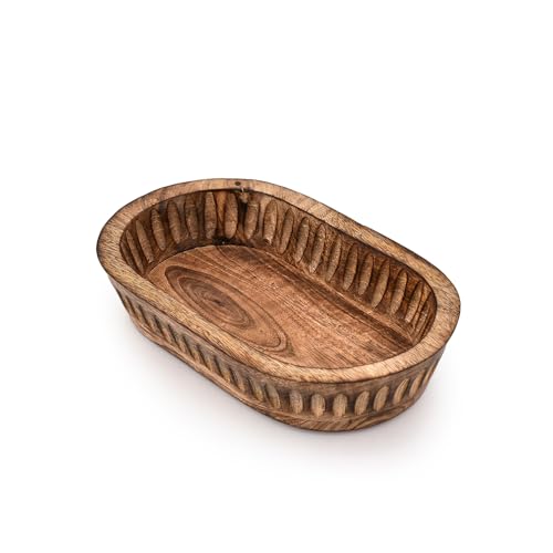 Kaizen Casa Decorative Bowl Mango Wood for Home Decor Unique Centerpiece Bowl with Hand Carved Vertical Stripes for Home Decor Bathroom Kitchen Counter & More (10 x 6 x 2)