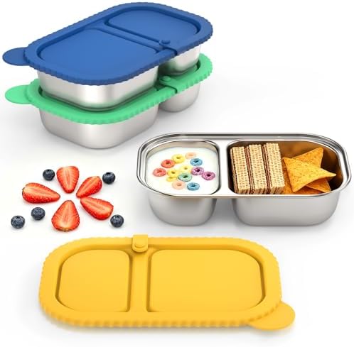 3 Pack Reusable Stainless Steel Snack Containers, Capacity Upgrade 2 Compartment Snack Containers with Lids, Reusable Food Storage Containers with Lids for Travel, Outdoor, Camping