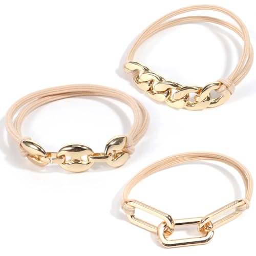 3 pulseras para el pelo para mujer, soportes dorados para cola de caballo con joyas de metal, sin daños, coleteros elásticos, bonitos accesorios para el cabello para mujeres y niñas
