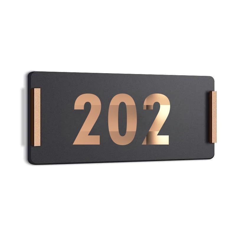 Image of HOTEL ROOM NUMBER PLATES - 202| Black acrylic board fixed mirror gold number | Easy installation type double sided tape fixed on backside