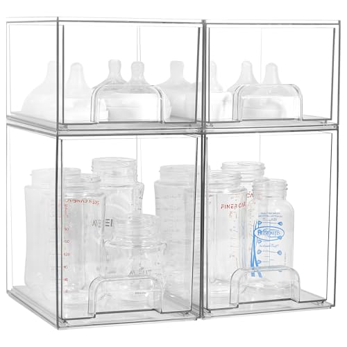 Image of MINMUNJIU Baby Bottle Organizer, 4 Pack Clear Space-Saving Stackable Drawer with Handle, Baby Bottle Storage Organizer for Countertop and Cabinet