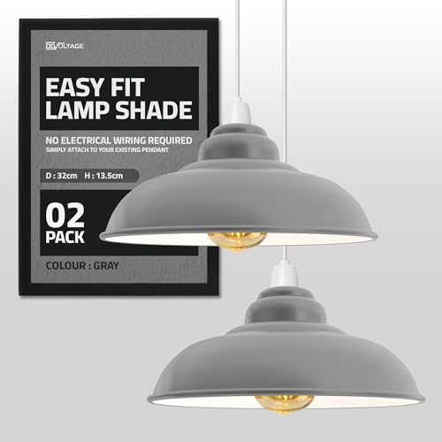 Modern Industrial Metal Grey Ceiling Light Shade, 32cm Large Curvy Easy Fit Pendant Lamp Shade with Free Reducer Plate for Living Room, Kitchen, Hallway (2 Pack)