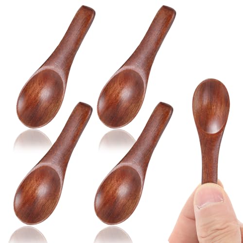 4 Pcs Tiny Spoons for Spices Jars, 2.36in Tiny Salt Spoons, Handmade Mini Wooden Spoon Set, Easy to Clean Little Wood Spoon for Sauces, Honey, Jam, Sugar, Ice Cream Mustard Cooking