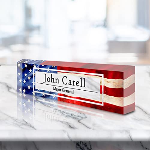 VWAQ Custom American Flag Desk Name Plate On Clear Acrylic Glass - Custom Office Decor Nameplate Sign - Personalized Gift - ACS19 (Black)