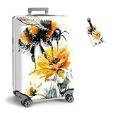 VACGBJPG Luggage Cover with PU Leather Tag Set,Elastic Suitcase Protector with Zipper & Buckle,Fits 22-24 Inch,Washable Stretch Durable Travel Baggage Sleeve,Bumblebee Floral Art