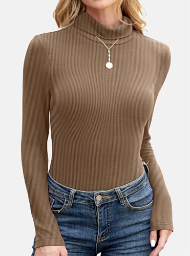 GKBK Womens Turtleneck Long Sleeve Tops Ribbed Basic Tshirts Thermal Underwear Warm Lightweight Fall Sweaters 2025 Fashion Outfits Winter Clothes Brown — view 2
