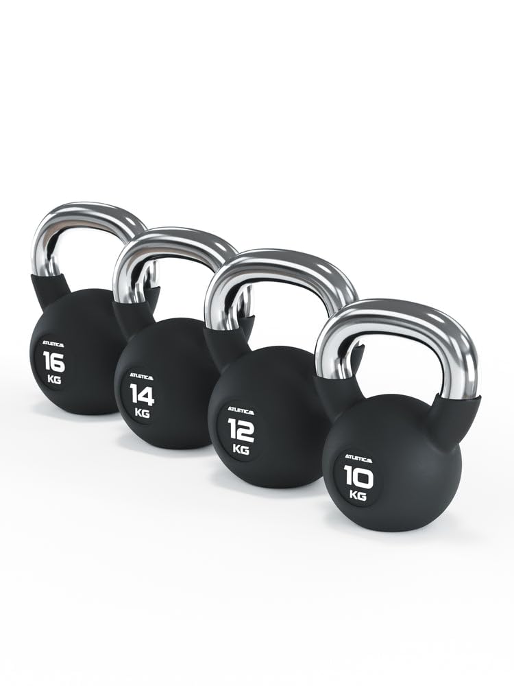 ATLETICA Kettlebell zestaw startowy | 10, 12, 14, 16 kg | gumowane hantle kulkowe z chromowanym uchwytem | wysokiej jakości stop stali | jakość studyjna | funkcjonalny trening całego ciała