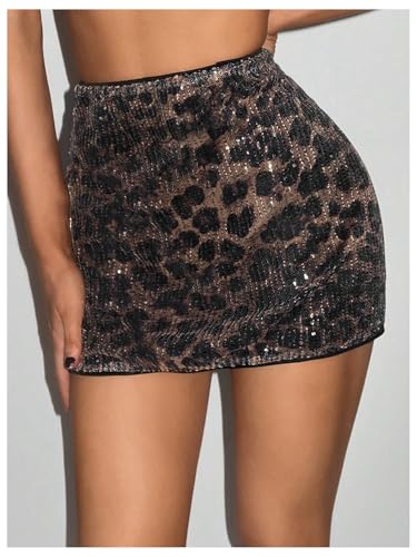 Floerns Women's Contrast Sequin Cheetah Skirts Club Party Bodycon Mini Skirt3