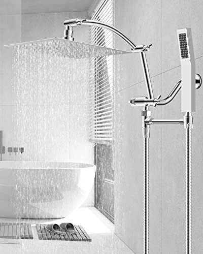 Hibbent All Metal 10'' Rainfall Shower Head, Square Shower Head Combo, High Pressure Handheld Shower Wand, 16'' Adjustable Arc-Shaped Shower Extension Arm, 71'' Hose, 2 Showerhead Holders, Chrome #TOP7