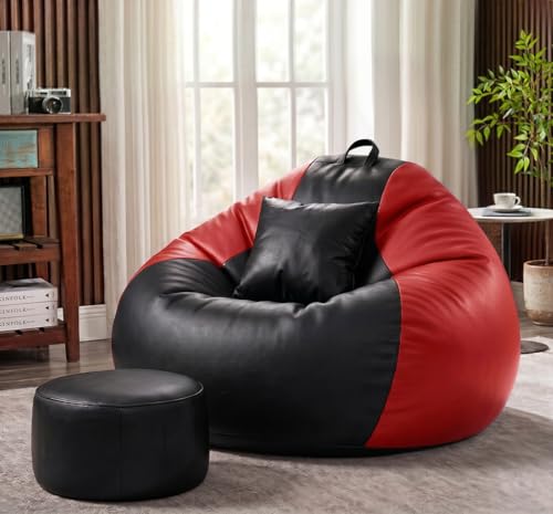 Image of Sattva Classic 4XL Bean Bag Chair with Beans Filled | Faux Leather Sofa Style Bin Bags with Footstool & Cushion | Comfortable Beans Bag for Adults, Teens, Home & Office Seating (Black & Red)