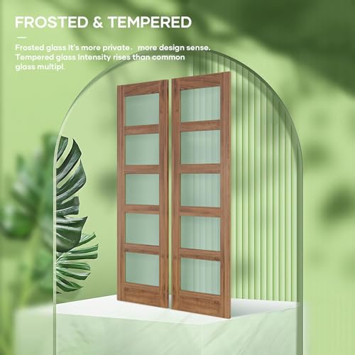 Image of FREDBECK 56 x 84 inch Frosted Glass Barn Door with Hardware,5-Panel,Brown