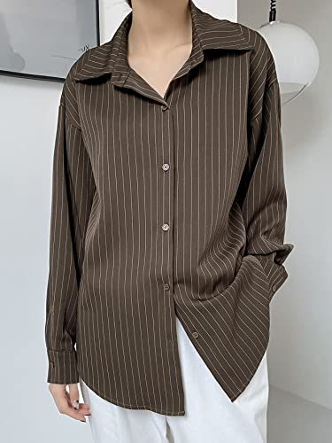Image of Aahwan Solid Button Up Drop Shoulder Vertical Stripe Pattern Casual Long Sleeve Shirt for Women's & Girl's