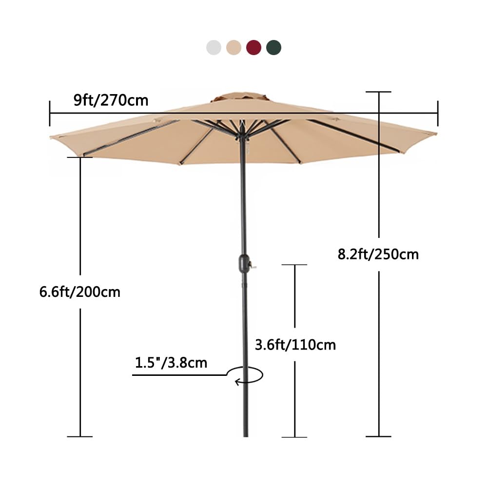 Duży Parasol Ogrodowy 9 Stóp, Stół Do Użytku Na Zewnątrz, Odporny Na Promieniowanie Uv, Okrągły Parasol Ogrodowy Z Korbą, 8 Solidnych Żeber Do Ogrodu, Basenu, Tarasu,Khaki-9ft/270cm