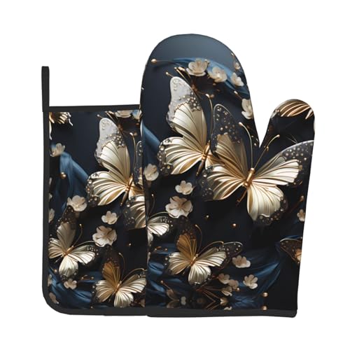 WZYWHJ Gold White Butterflies Black Picture Oven Mitts and Pot Holders Set for Cooking, Microwave, Grilling - with Lanyard Design