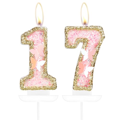 Velas de mariposa con el número 17, velas de cumpleaños número 17 para tartas, decoración de pastel de cumpleaños número 17 para niñas, decoración de pastel de mariposa 17, velas doradas y rosas para