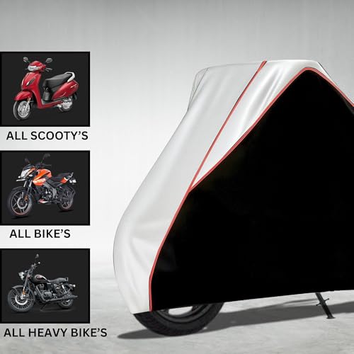Image of Taffeta Bike Cover Premium Waterproof, Dustproof & UV Protected Two-Wheeler Body Shield | Heavy-Duty, All-Weather Protection | Universal Fit for Motorcycles & Scooter (Black Top Silver Pipe)