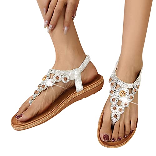 Eczipvz Orthopedic Sandals For Women, Women's Flat Flip Flop Sandals Rhinestone Elastic String Sandals Outdoor Sandals #TOP5