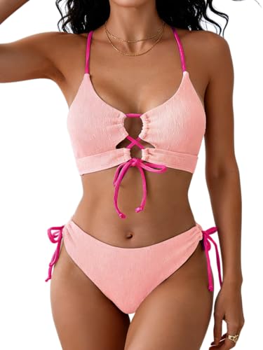 Image of B2prity Tie Bikini Top Set Sexy Push Up 2 Piece Swimsuit Color Block Bathing Suit Full Coverage Swimwear for Curvy Women