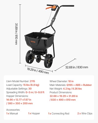 Image of VEVOR Broadcast Spreader, 9.8ft Spreading Width, Push Broadcast Spreader with 10 inch All-Terrain Tires, Adjustable Flow Control, 15lbs Capacity Hopper, Lawn Spreaders for Fertilizer Seed Small Home Use