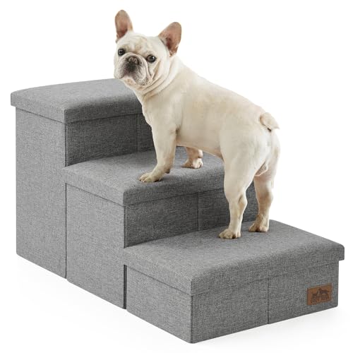 Dog Stairs with Storage, 3-Step Wider Sturdy Dog Steps for Small/Medium/Large Dogs and Older Cats, Folding Doggie Ramp for Bed/Couch/Car Hold Up to 180 lbs (16.7' H, Grey)