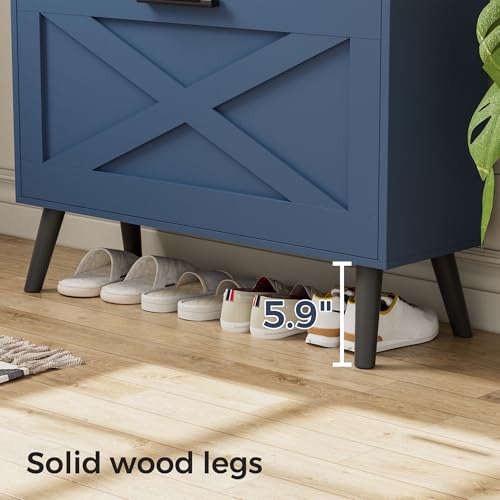 Image of Homleke Farmhouse Shoe Storage Cabinet with Flip Drawers & Barn Door Design | Slim Narrow Shoe Rack Cabinet with Adjustable Shelves & Hidden Storage for Entryway, Foyer, Hallway, Living Room, Blue