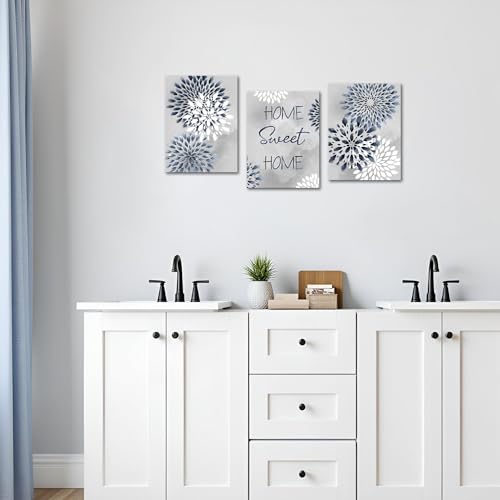 sechars Home Sweet Home Signs Wall Decor Blue and Grey Kitchen Bathroom Wall Art Dahlia Flower Painting Canvas Prints Framed (Blue) by sechars - Image 3