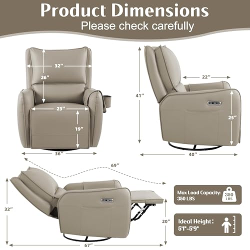 Image of Power Recliner Gliders for Nursery, Electric Swivel Rocker Recliner Chair, Comfy Upholstered Living Room Reclining Rocking Chairs with Lumbar Support (Khaki, 41 inch X 40 inch X 36 inch)