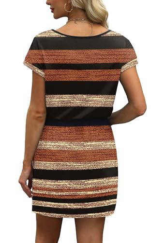 Image of OFEEFAN Summer Dresses for Women 2026 V Neck T Shirt Casual Mini Dresses Tie Waist Sundresses with Pockets