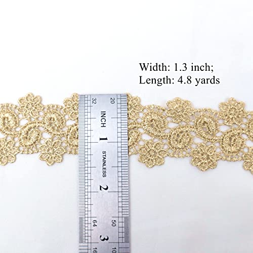 Gold Lace Trim Venice Gold Lace Ribbon Metaillic Embroidery Floral Craft Lace for Sewing, Cake Fringe, Wedding Bridal Dress (4.8 Yards, 3#)