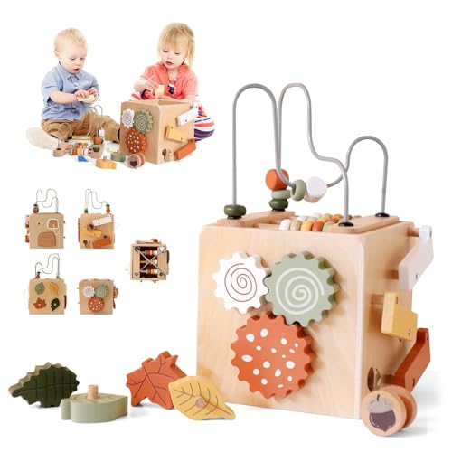 Image of Miollnir Montessori Baby Activity Cube for Toddlers: Large 5-in-1 Wooden Activity Center with Shape Sorter Bead Maze, Educational Abacus Learning Toy for Kids, Sorting & Stacking Board for Boys Girls