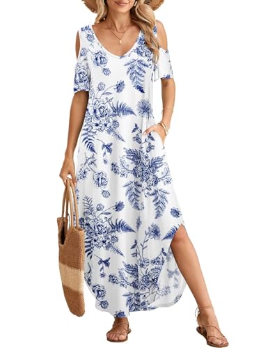 Image of BELAROI Womens Cold Shoulder Maxi Dress Plus Size V Neck Summer Sundresses with Pockets Beach Coverup Vacation Outfits