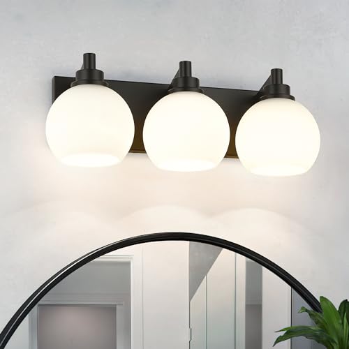 Image of Bathroom Light Fixtures, 3-Light Matte Black Vanity Light, Modern Wall Sconces with Milk White Globe Glass Shade, Vanity Lighting Fixtures Over Mirror, VL195-MB-ML-3